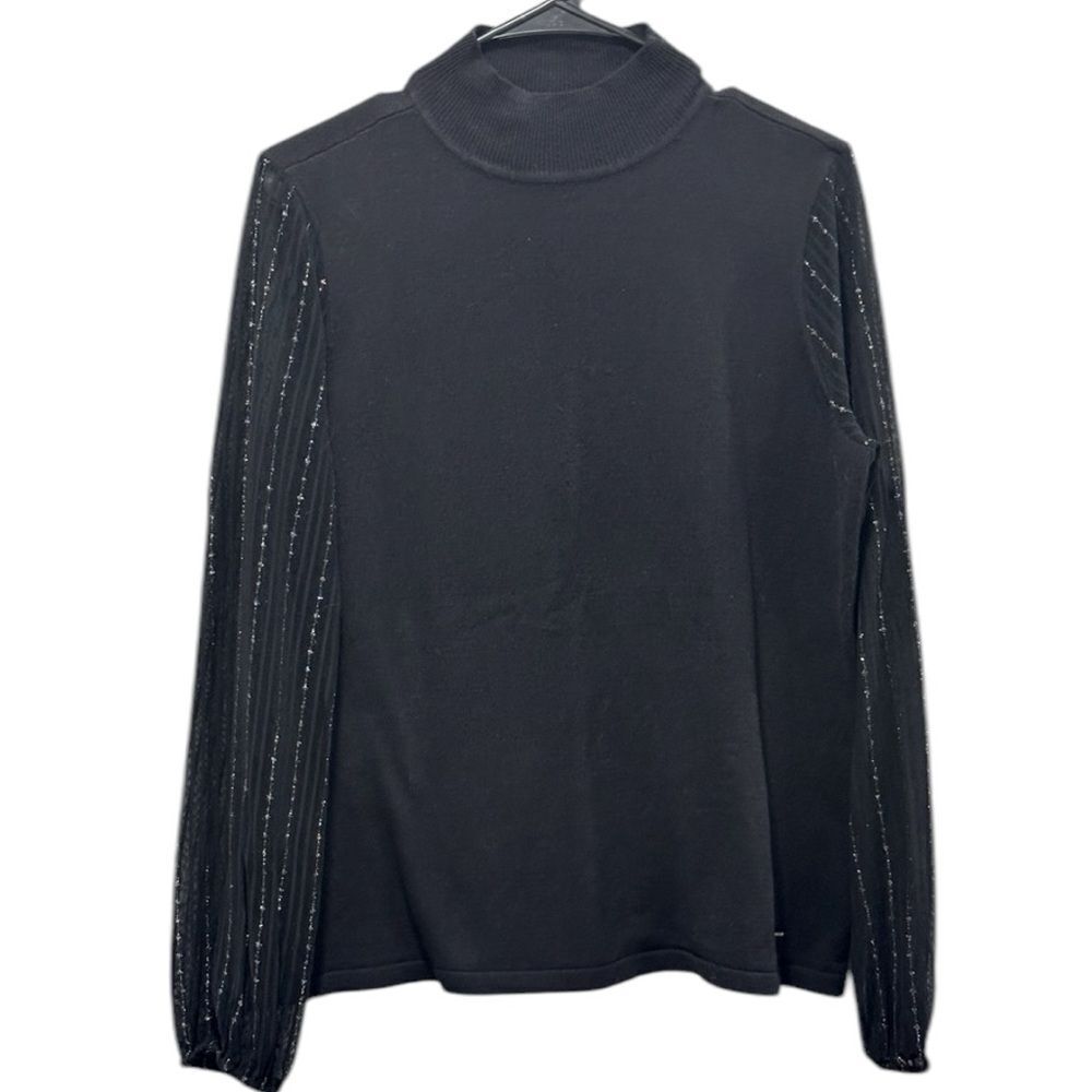 ANNE KLEIN Mock High Neck Mesh Metallic Sheer Sleeves Black Viscose Sweater M